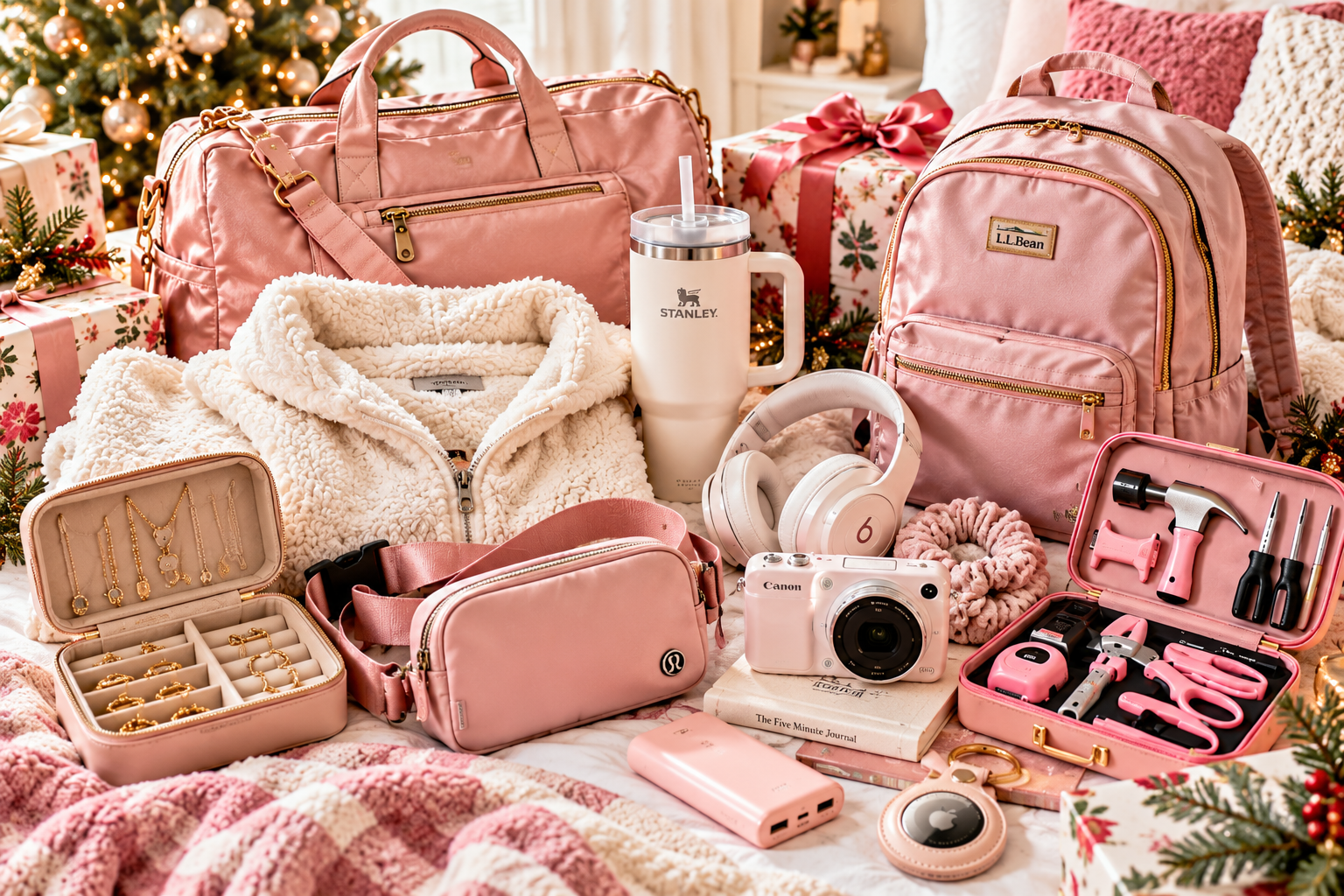 Blush pink Christmas gift flat lay