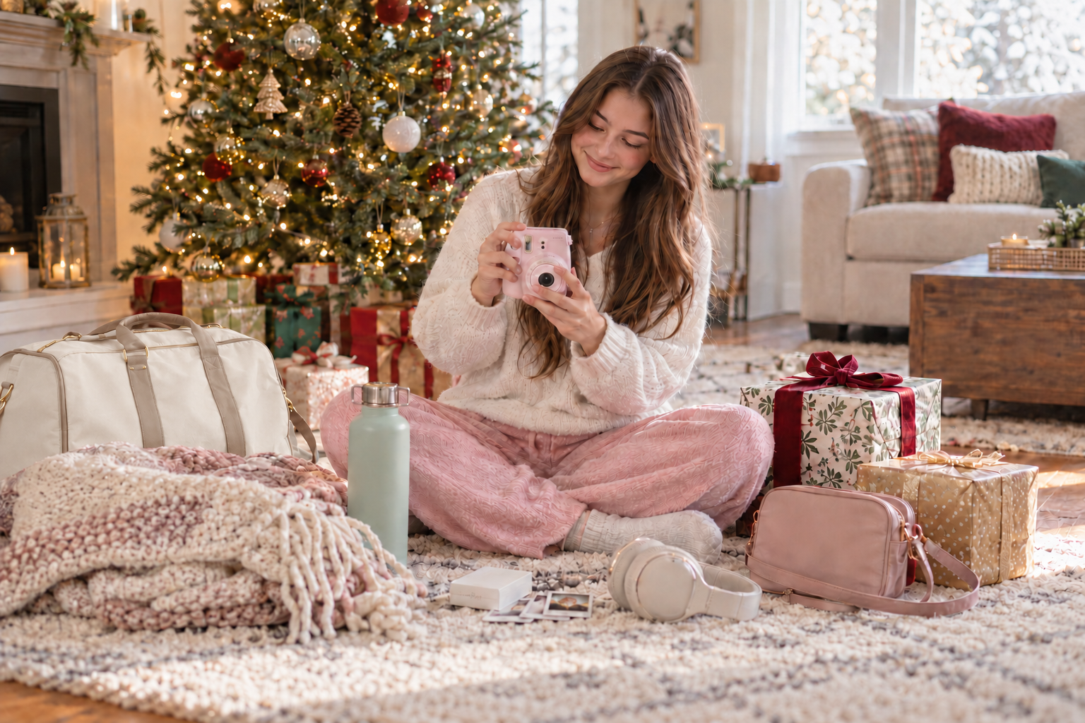 High school senior girl opening Christmas gifts beside a tree
