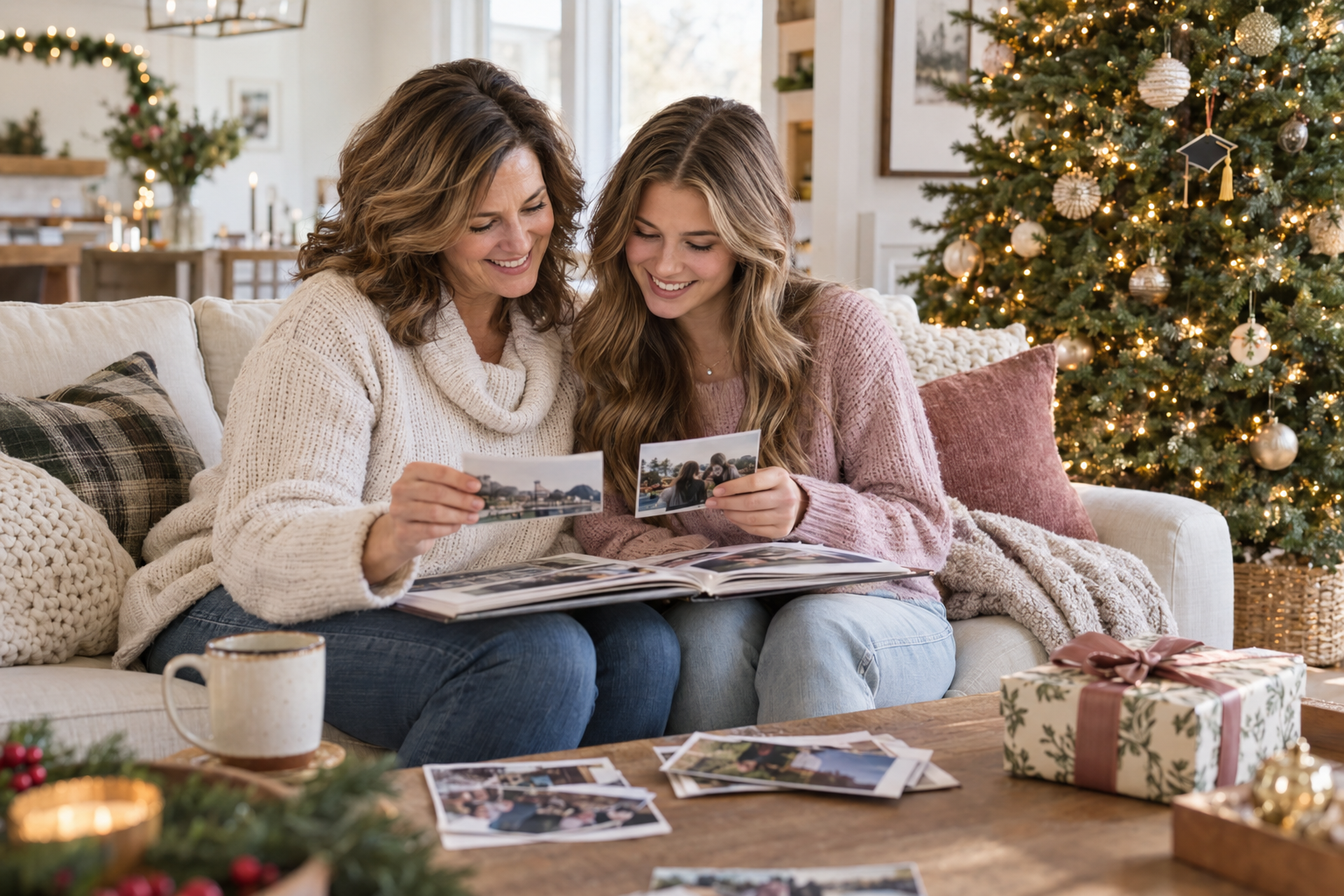 Mother and daughter looking through senior-year Christmas memories