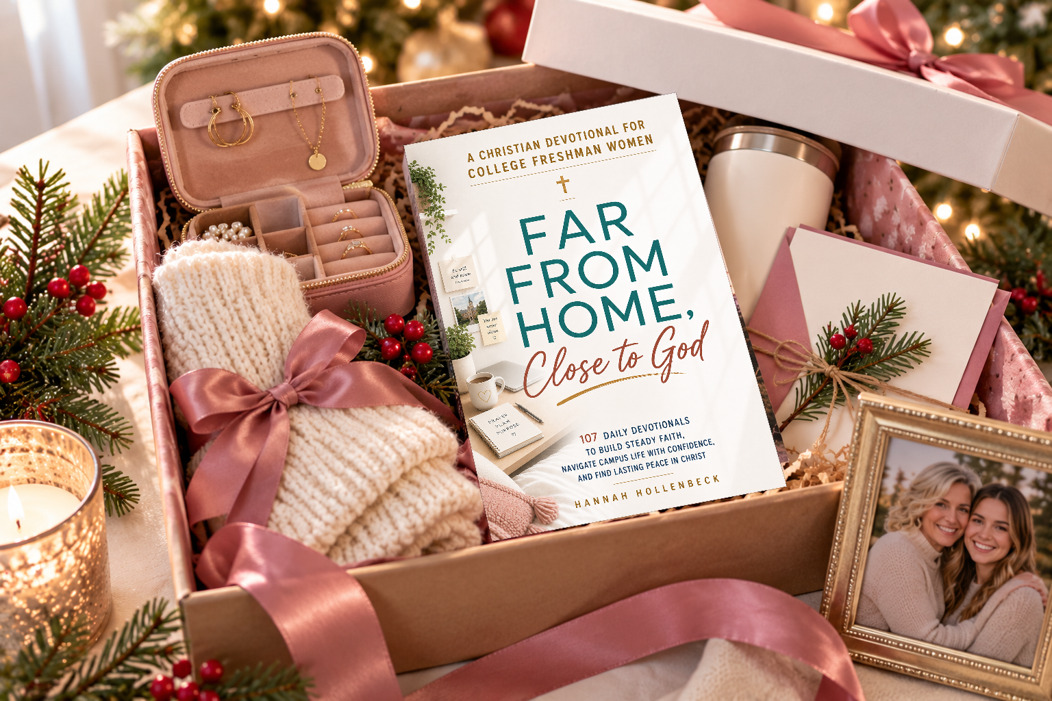 Christmas gift box with Far From Home Close to God devotional, jewelry case, cozy socks and keepsakes