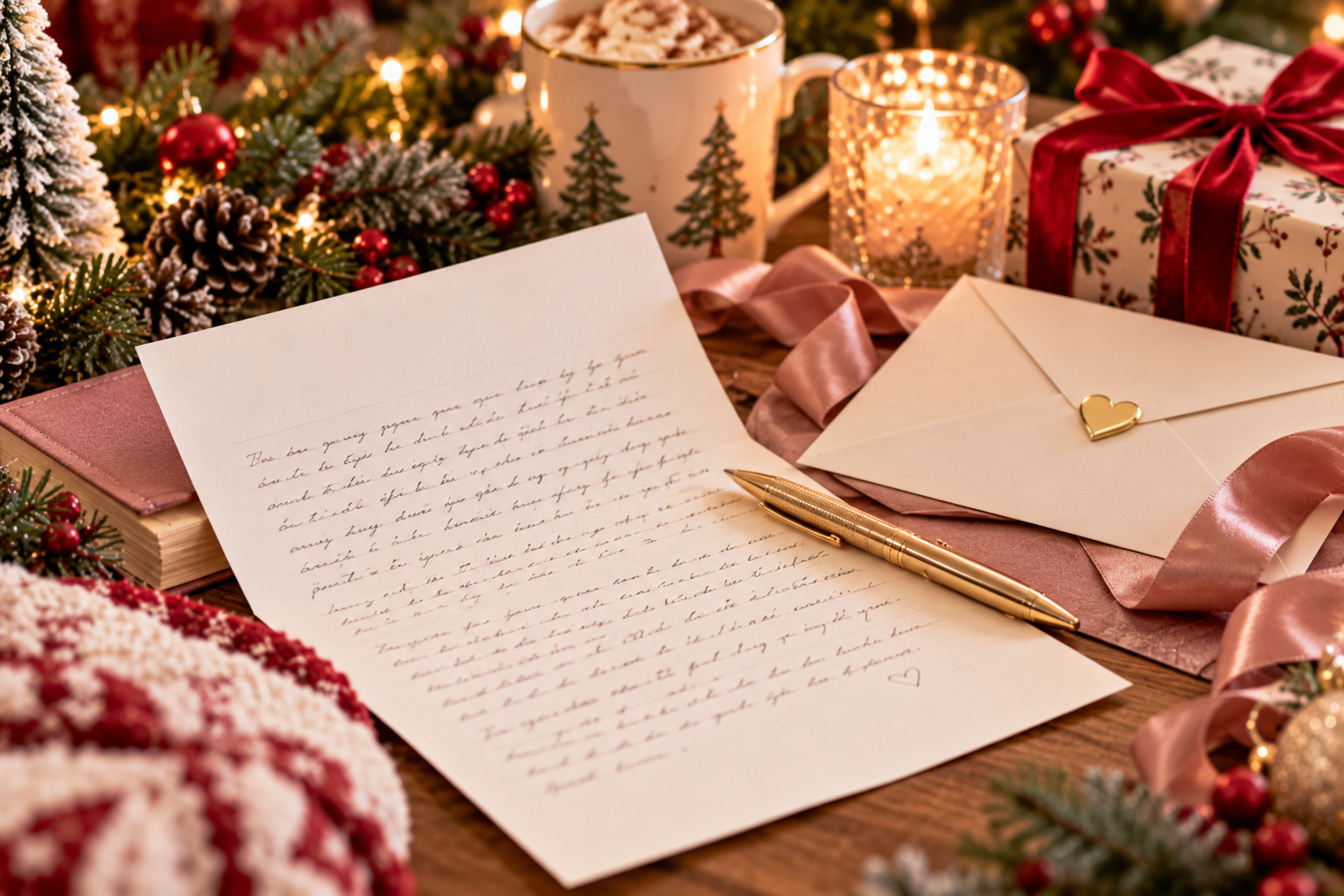 A handwritten encouragement letter and envelope styled with Christmas greenery and ribbon