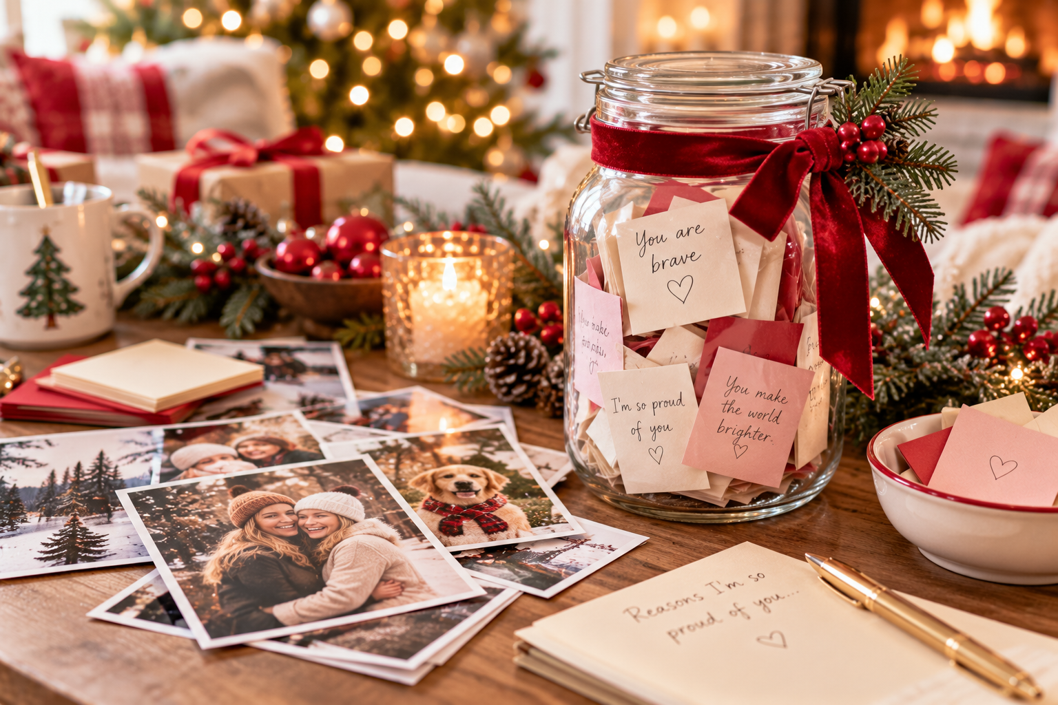 A Christmas memory jar with printed family photos, handwritten notes and holiday greenery