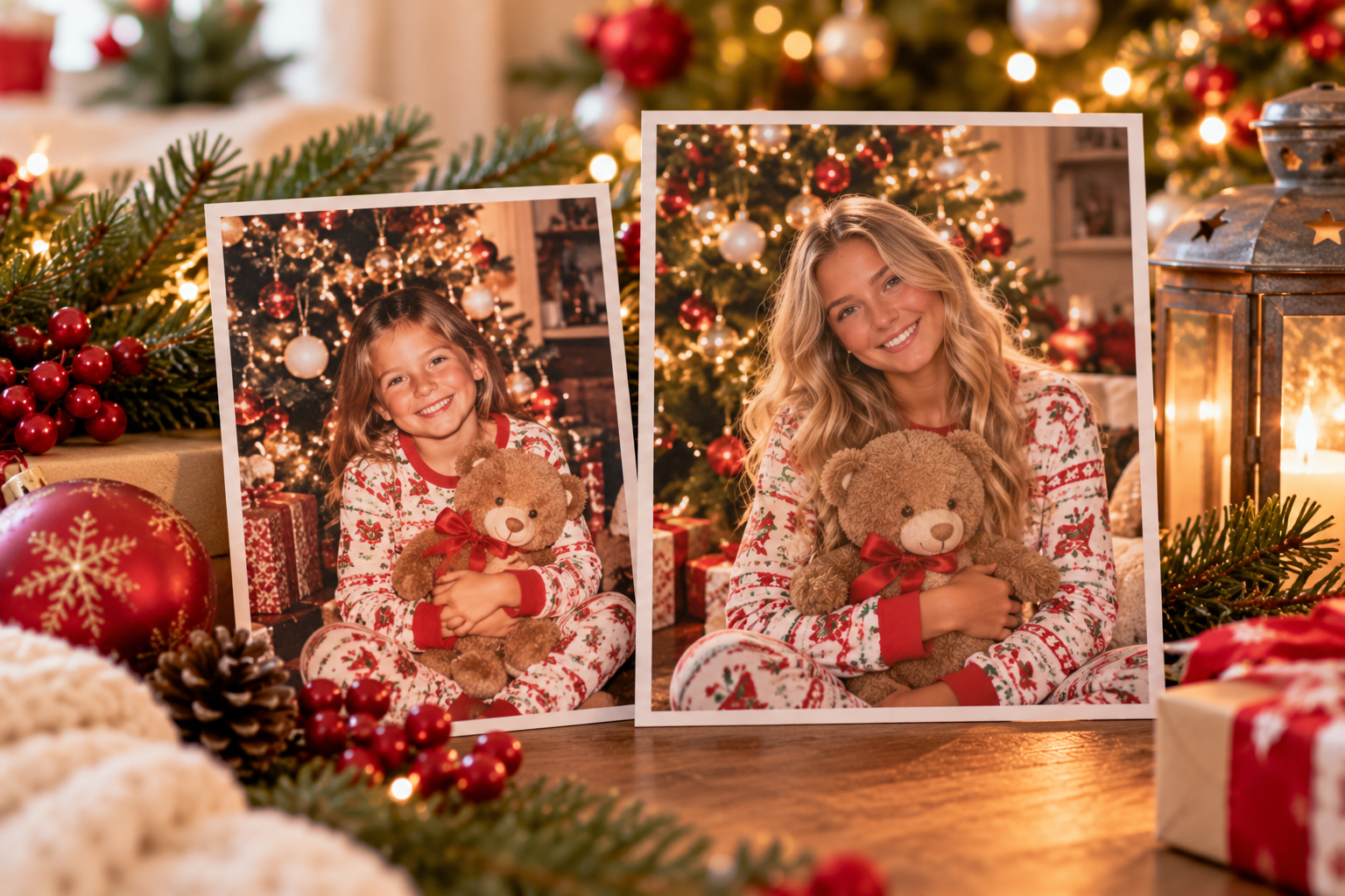 Side-by-side childhood and teenage Christmas photographs recreating a holiday memory