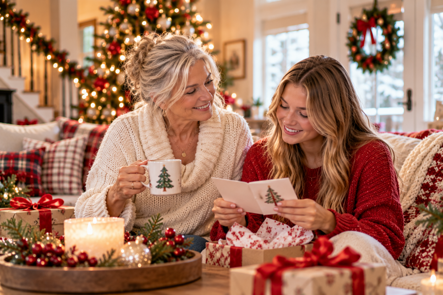 Mother and high school senior daughter sharing a Christmas moment before college